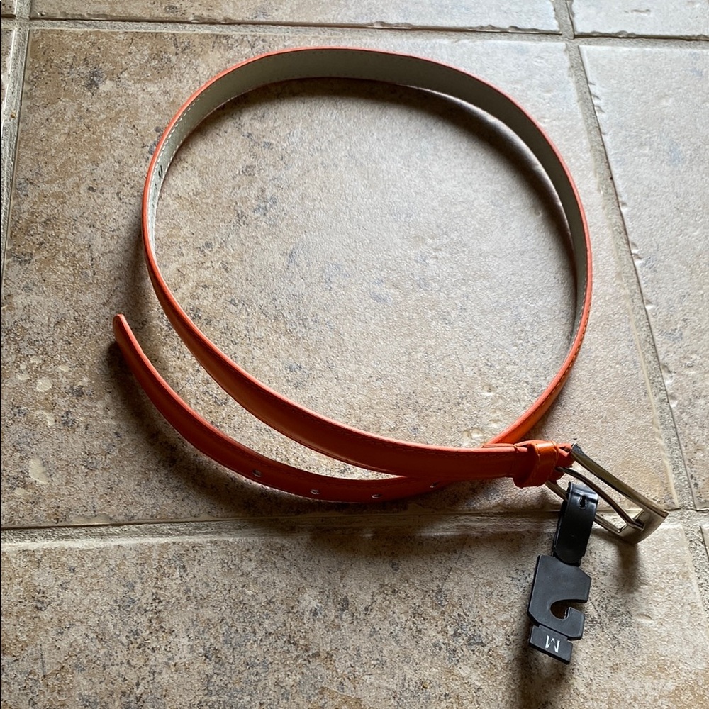 NEW Orange Leather 1/2” width Belt with Silver Buckle, Size: M (fits 30”-34”)